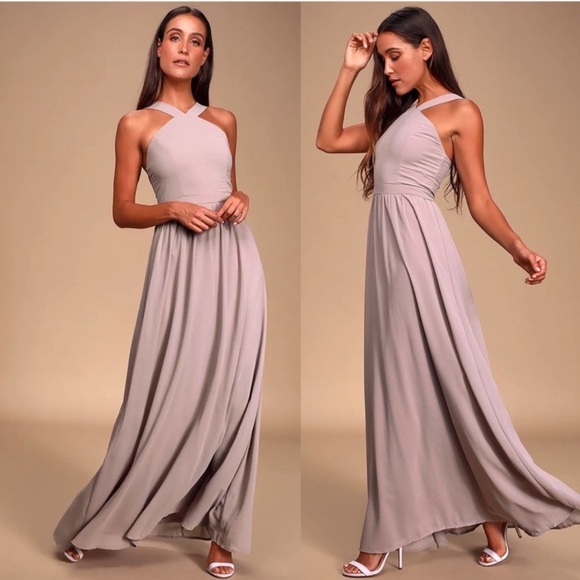 Lulu’s Taupe Air of Romance Formal Maxi Dress Prom Bridesmaid - Picture 1 of 6